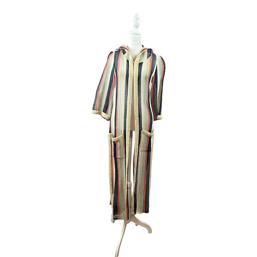 Calypso St Barth Duster Cardigan Womens S Striped Cotton Open Knit‎ Hooded Navy